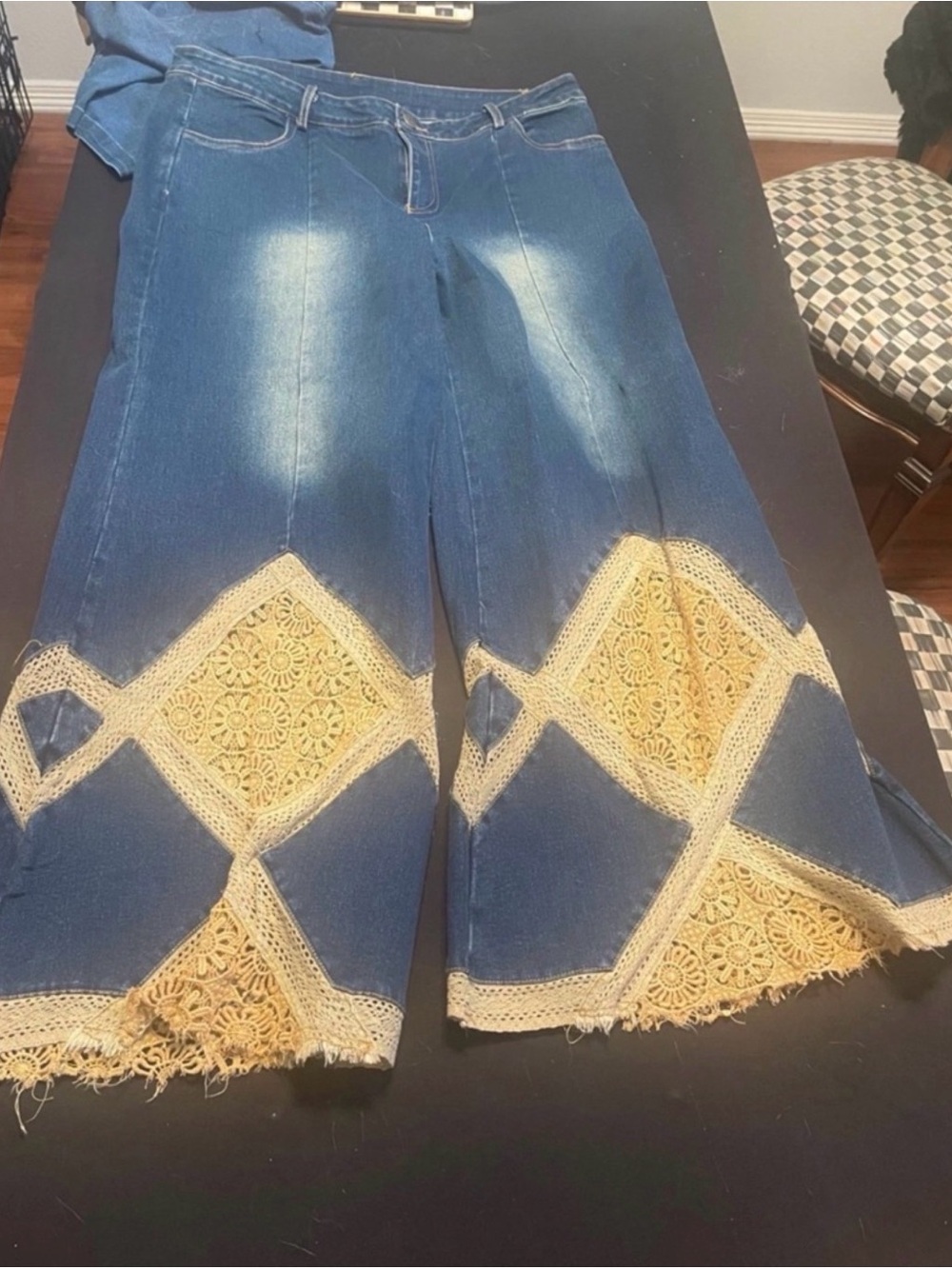 Jaded Gypsy Blue Denim Wide-Leg Jeans with Cream Crochet Insets